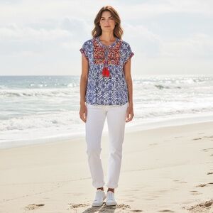 THML Blue Embroidered Floral Peasant Top